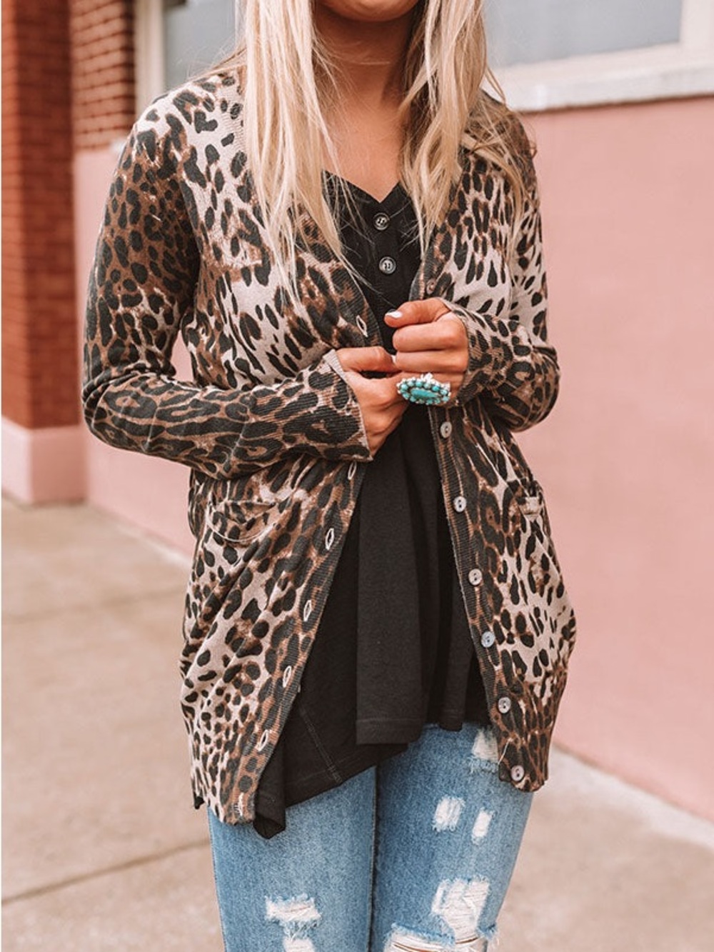 Leopard Print Open-Front Women's Cardigan Sweater - Beige